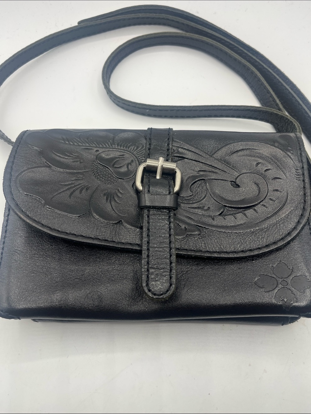 Patricia Nash Black Leather Floral-Tooled Crossbody Bag